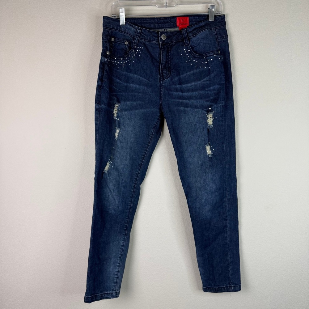 V Cristina Jeans Women 10 Blue Skinny Distressed Rhinestone Embellished Pockets